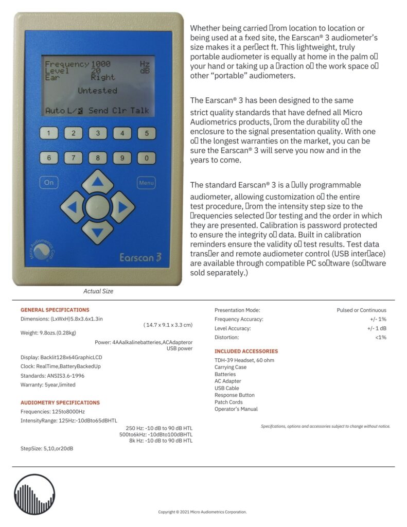 Earscan 3 Audiometer (ES3) Earscan 3 Automatic Threshold Audiometer